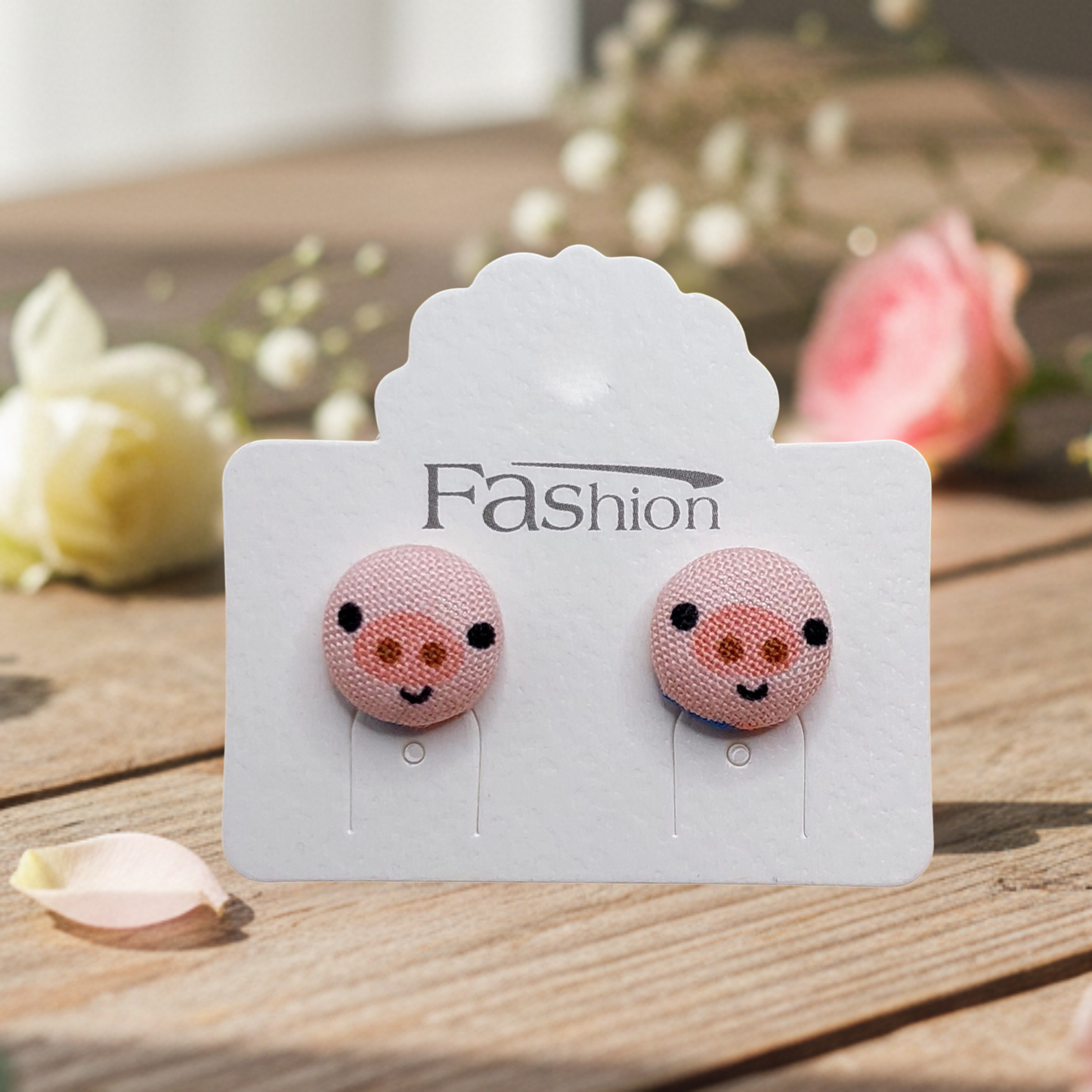 Piggy Face Fabric Button Stud Earrings (13mm)