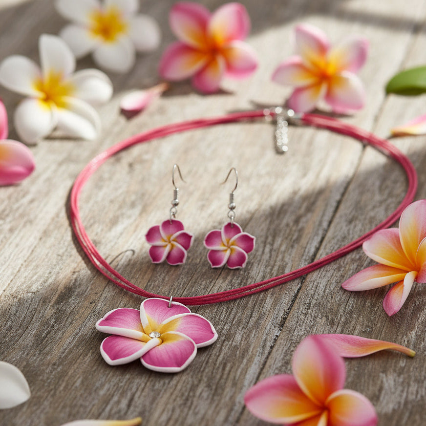 Pink Flower Polymer Clay Necklace & Earring Set