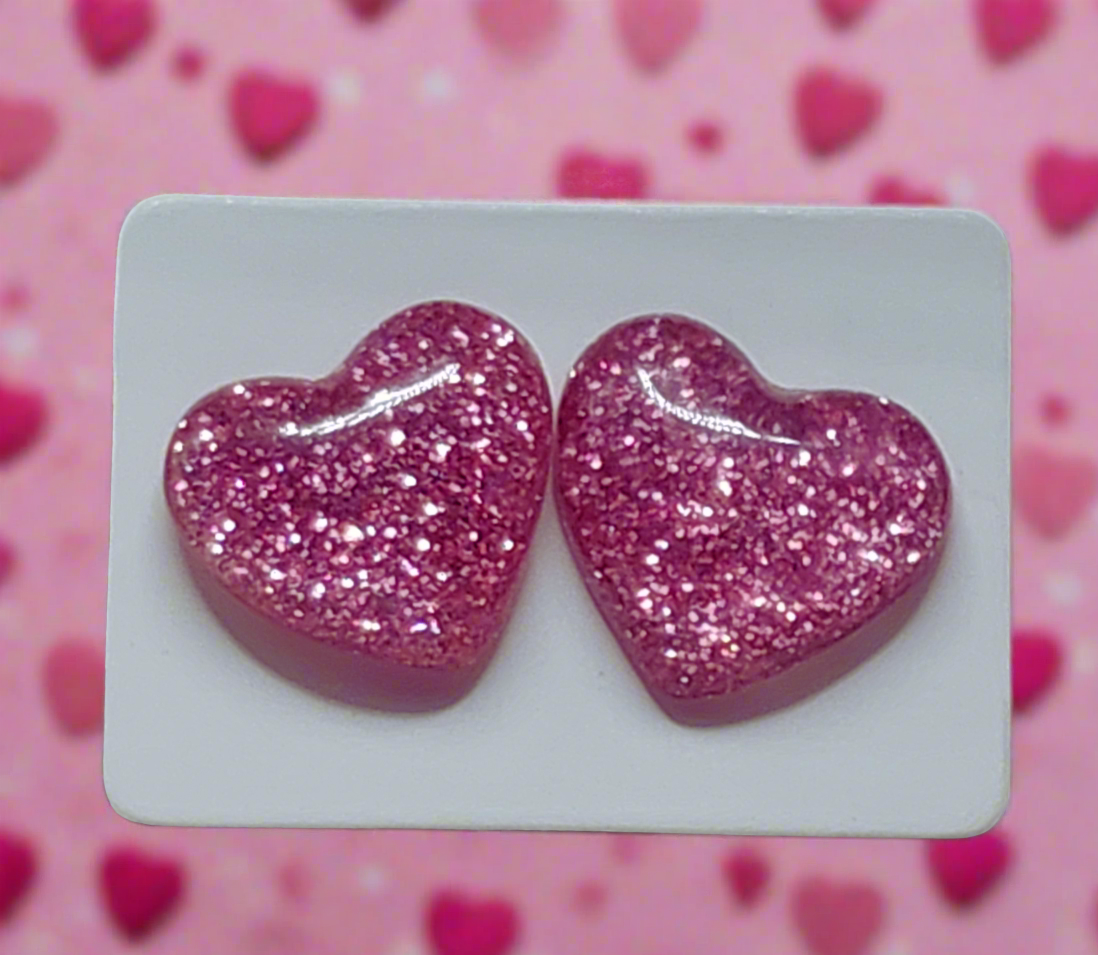 Pink Glitter Heart Earrings (16mm)