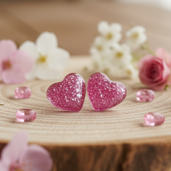 Pink Glitter Heart Earrings (16mm)