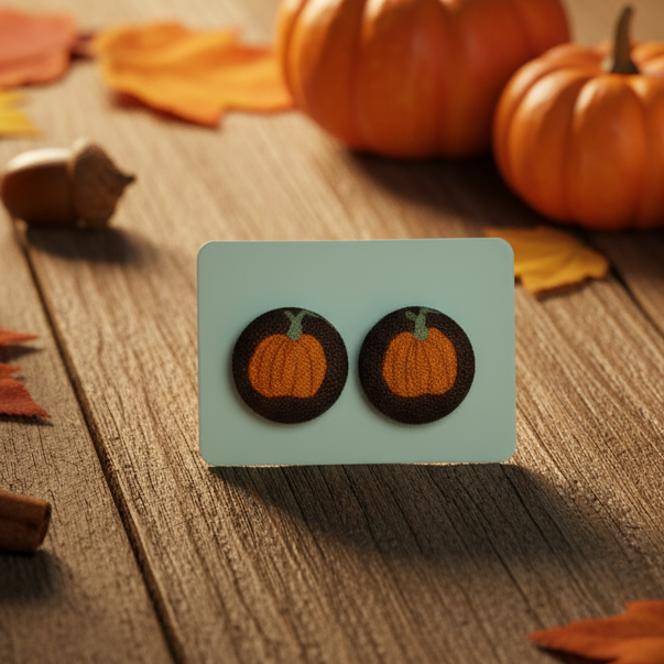 Pumpkin Spice Fabric Button Stud Earrings