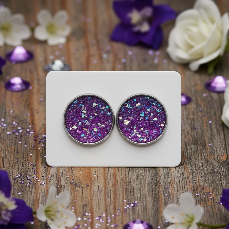 Purple Imitation Druzy Earrings (14mm)