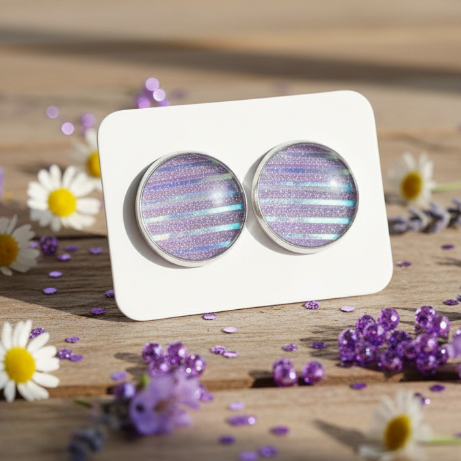 Purple Sparkle & Stripes Earrings (14mm)