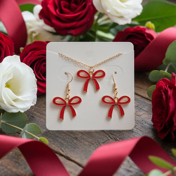 Red Bow Necklace & Earring Set