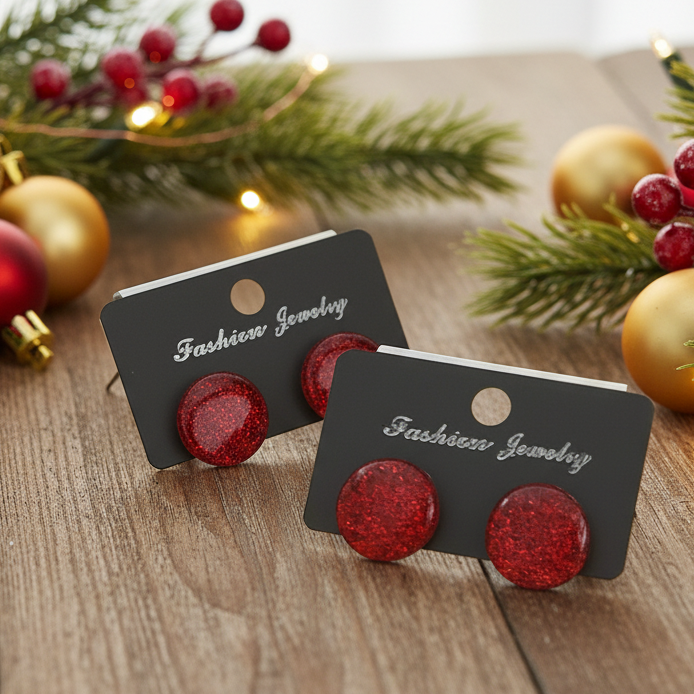 Red Glitter Stud Earrings (15mm)