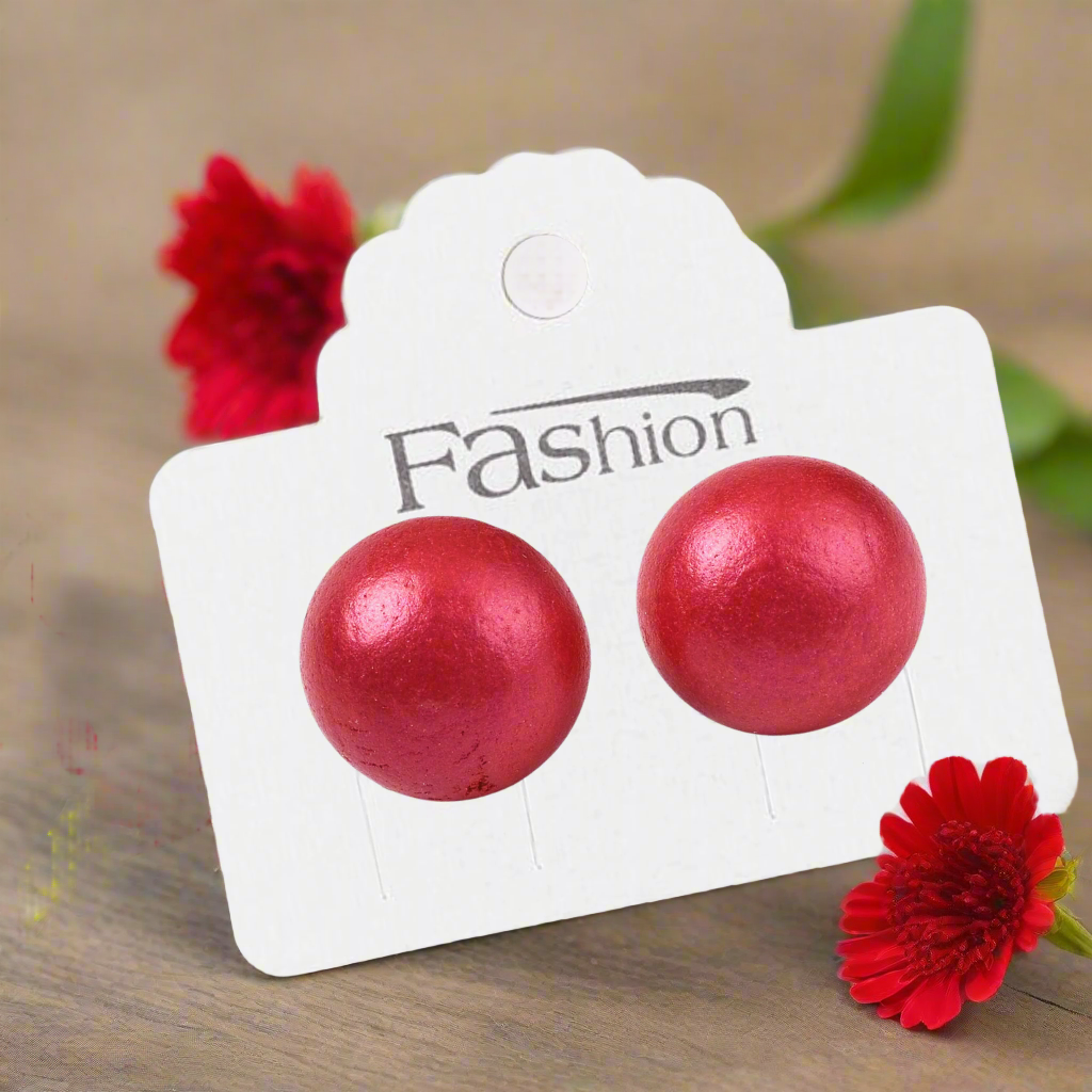 Red Pearlized Half Round Wood Earrings (11mm)