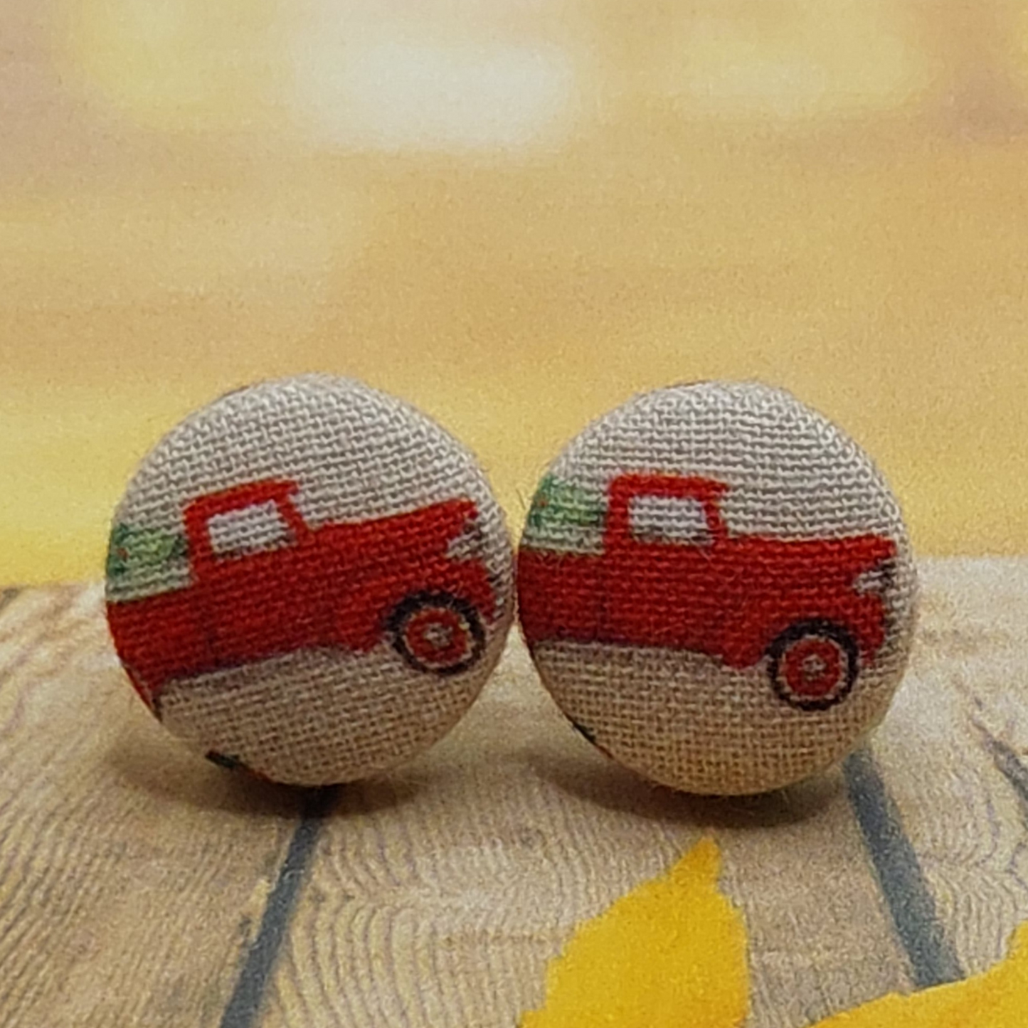 Red Truck Fabric Button Stud Earrings (16mm)