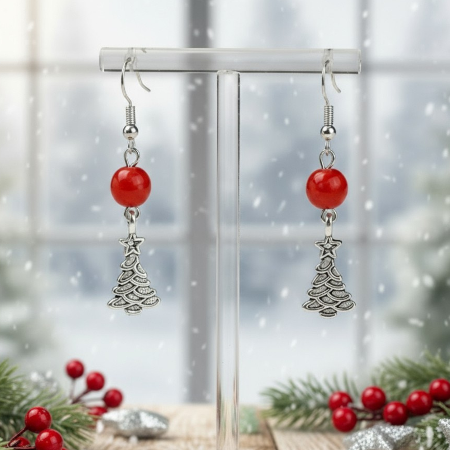 Red Bead Christmas Tree Dangle Earrings