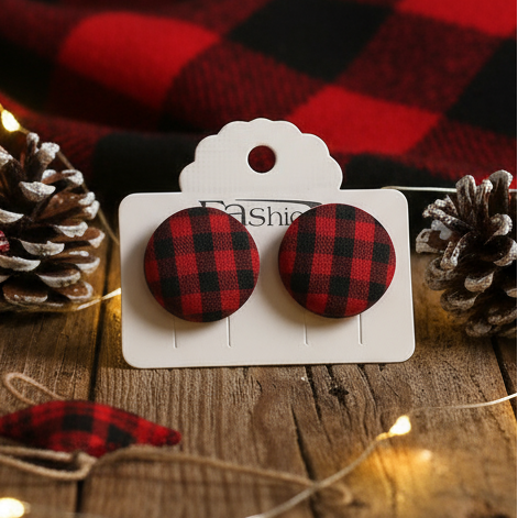 Red & Black Plaid Fabric Button Earrings (19mm)