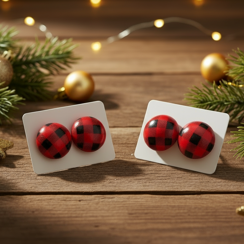 Red & Black Plaid Wood Stud Earrings (15mm)