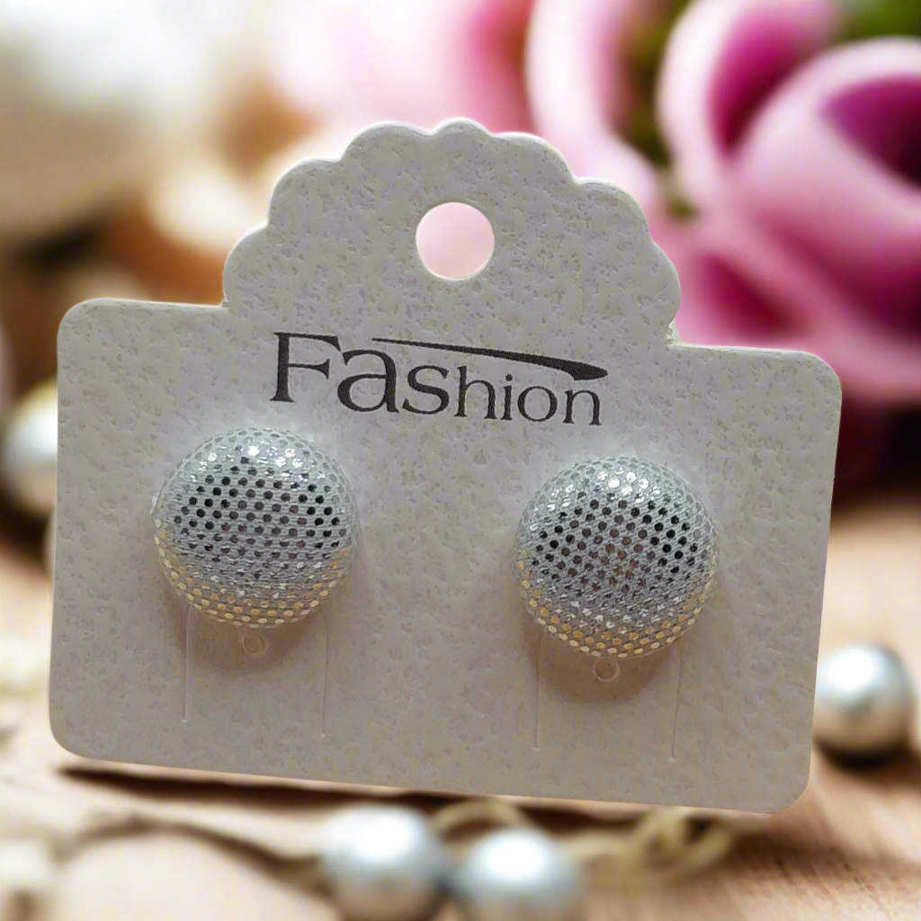 Silver Shimmer Fabric Button Stud Earrings (13mm)