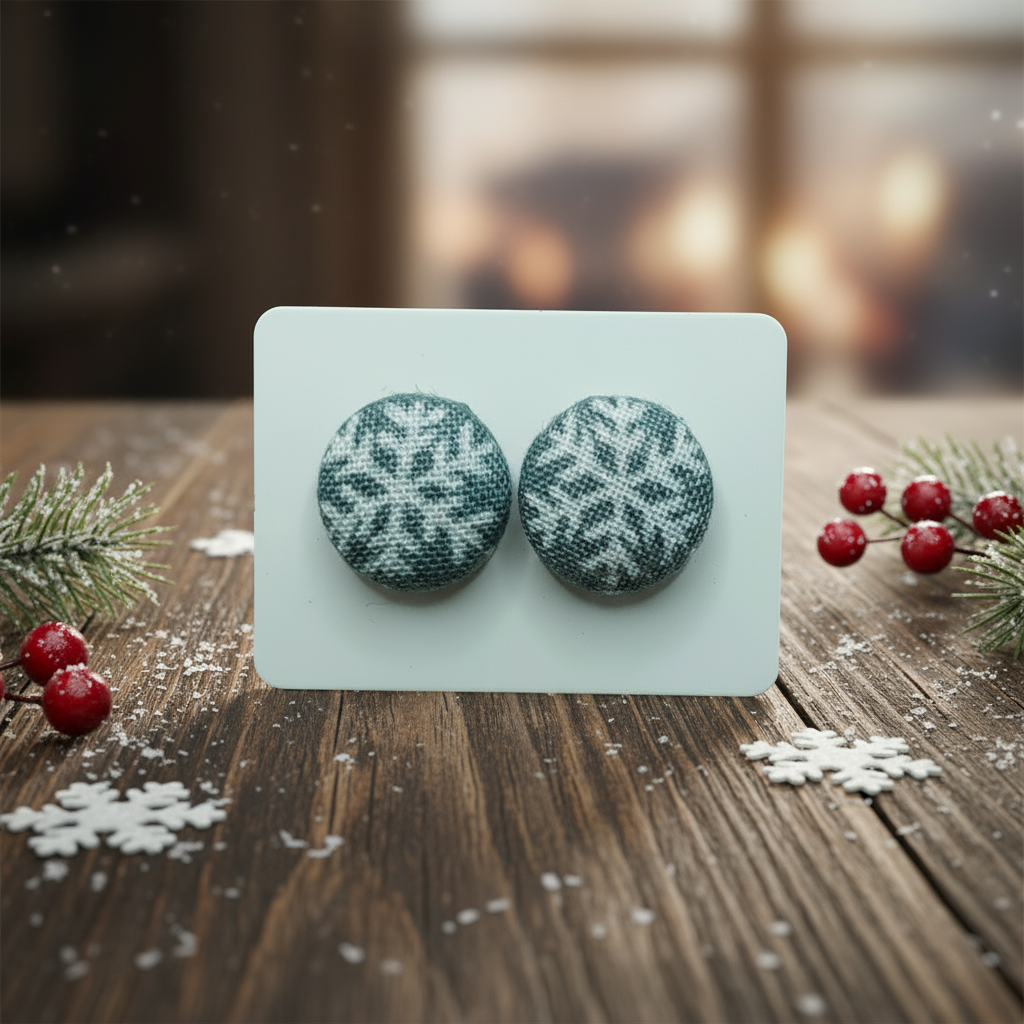 Snow Flurries Snowflake Fabric Button Stud Earrings (13mm)