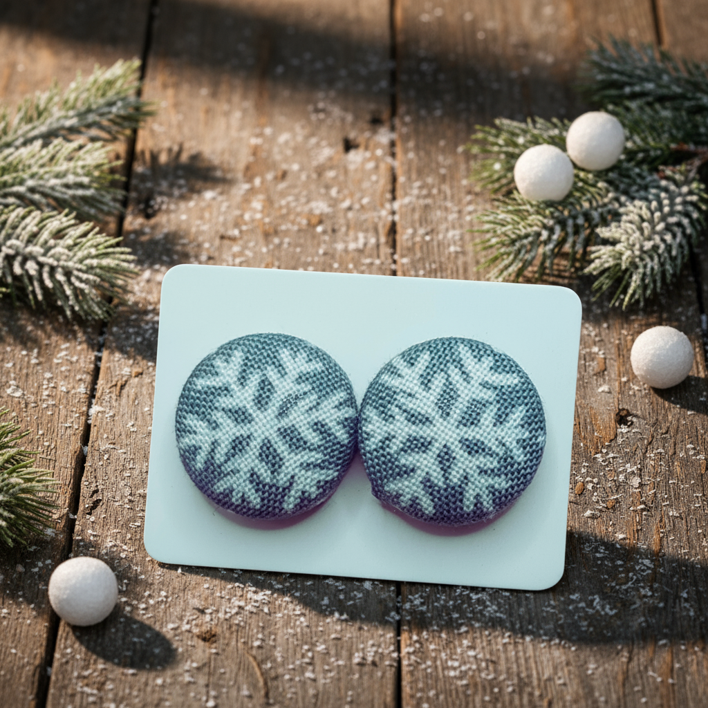 Snow Flurries Snowflake Fabric Button Stud Earrings (16mm)