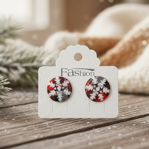 A pair of red and white snowflake patterned fabric button stud earrings displayed on a card with 'FASHION' text, presented against a holiday-themed backdrop with Christmas decorations.