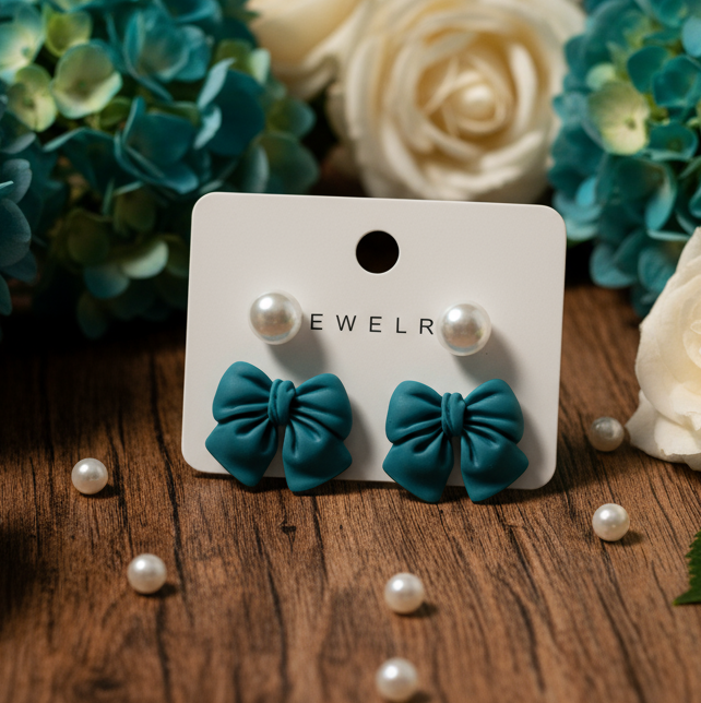 Teal Bows & Pearls Earrings