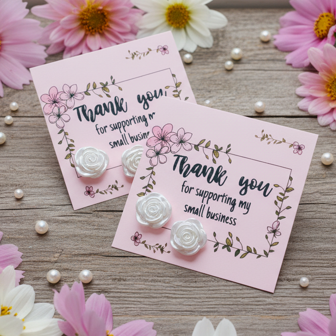 Thank You For Supporting My Small Business Card with 11mm Pearly Flower Earrings