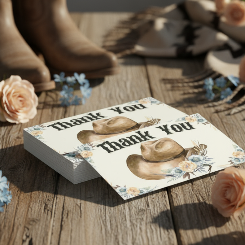 Watercolor Floral Cowboy Hat Thank You Cards