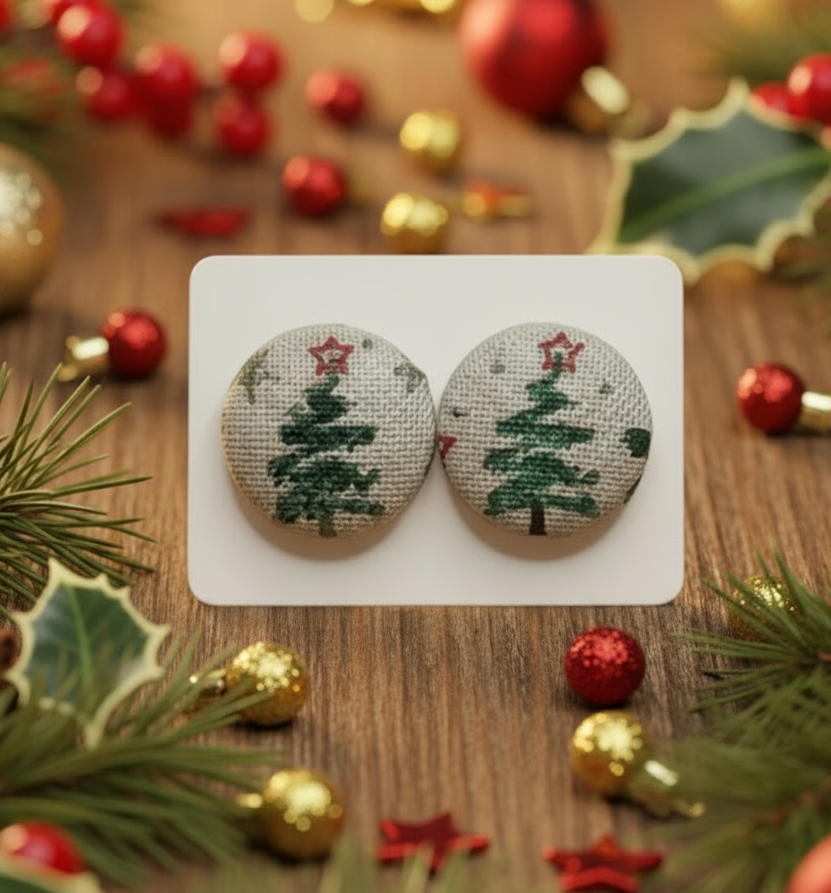 Whimsical Christmas Trees Fabric Button Earrings (16mm)