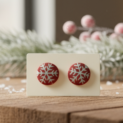 Winterland Snowflakes Red Fabric Button Stud Earrings (13mm)