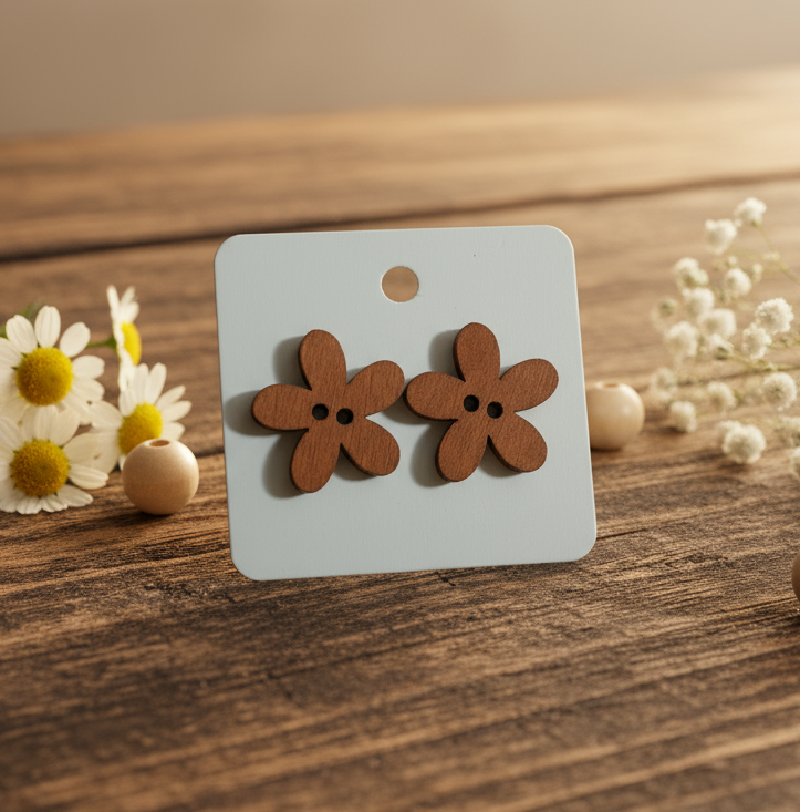 Wood Flower Button Earrings (20mm)