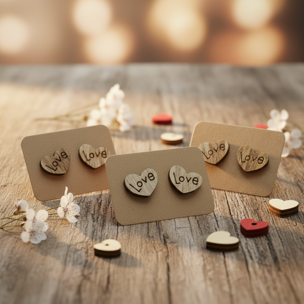 Wooden Love Heart Earrings (9mm)