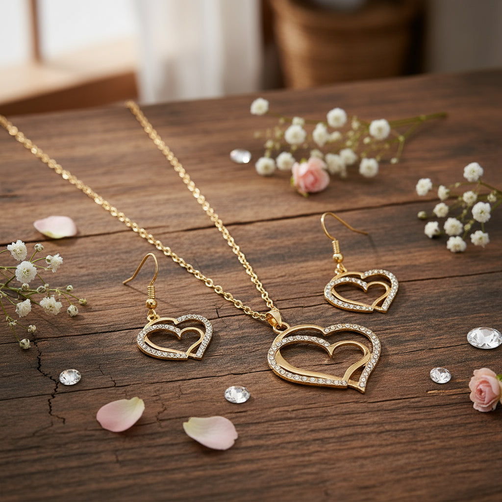 Rhinestone Crystal Heart Necklace & Dangle Earring Set