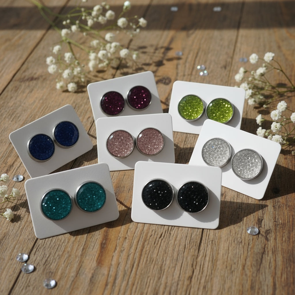 Assorted pairs of glittery earrings on white cards displayed on a wooden surface.