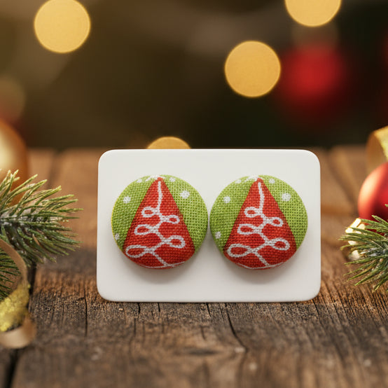 Merry Little Christmas Trees Fabric Button Earrings (16mm)