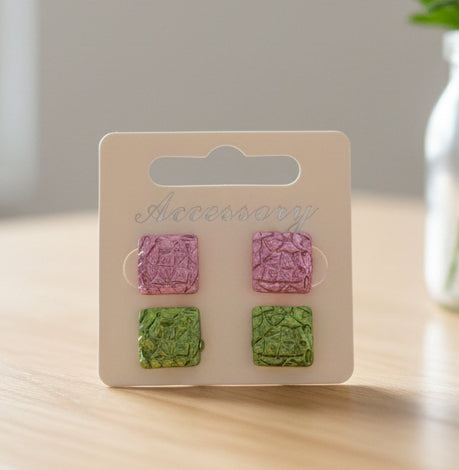 12mm Pink & Green Pearlescent Textured Square Earring Set