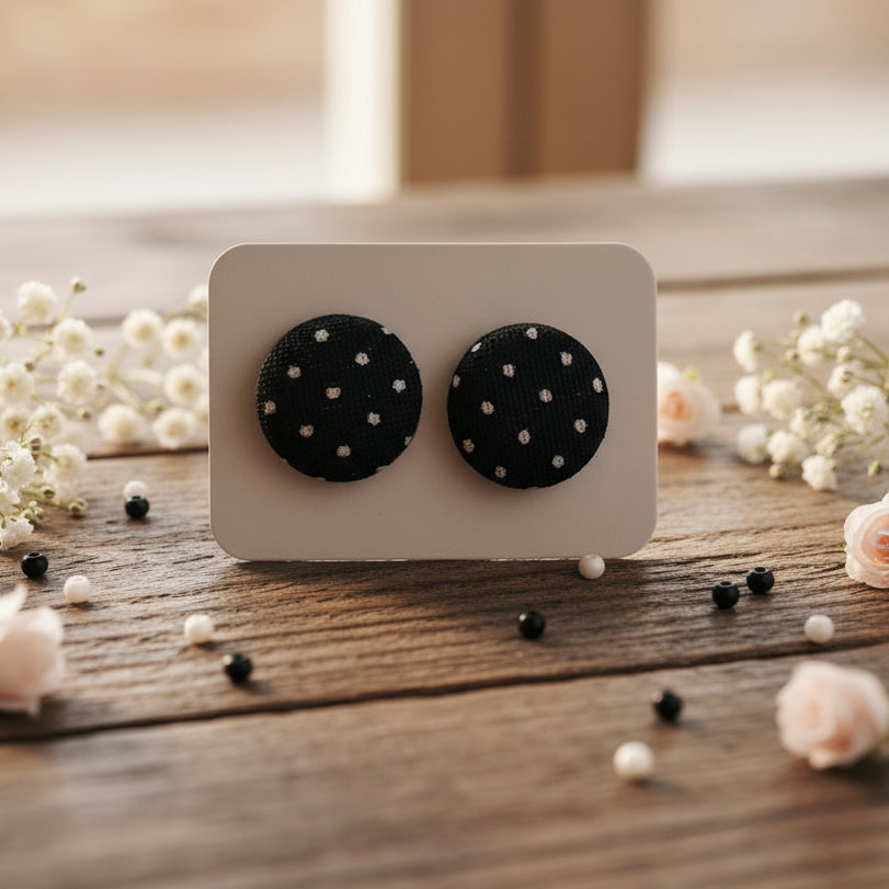 Black Pin Dot Fabric Button Earrings (13mm)