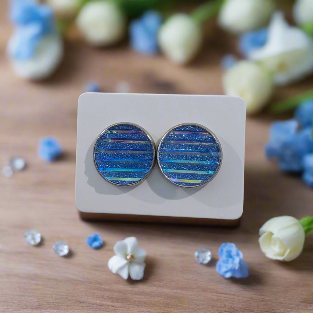 Blue Sparkle & Stripes Earrings (14mm)