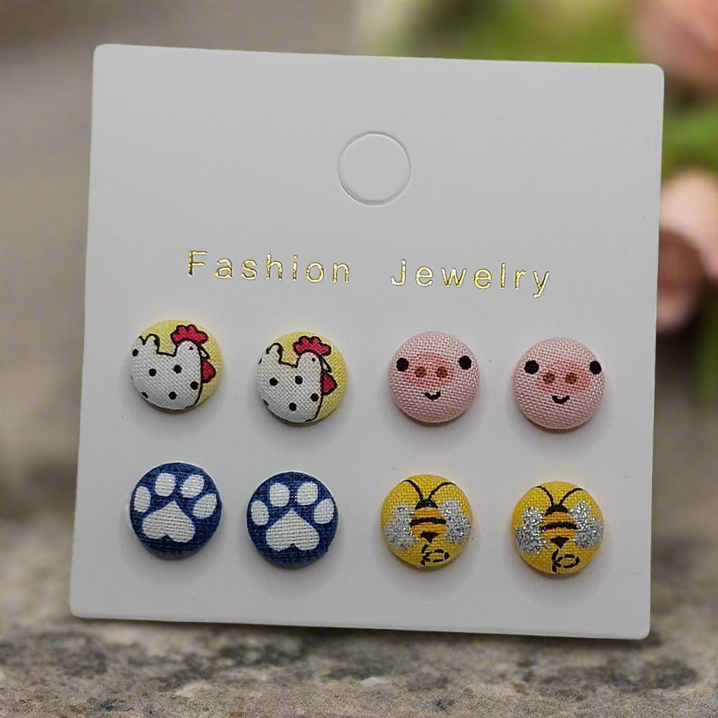 Animal Fabric Button Earrings (4 pair set)