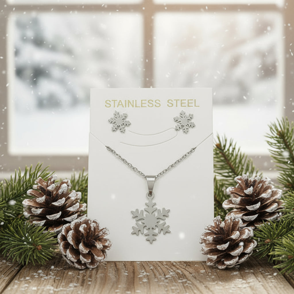 Stainless Steel Snowflake Necklace & Earring Set
