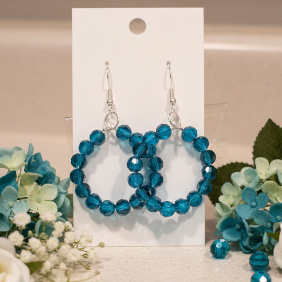 Turquoise Blue Glass Bead Hoop Dangle Earrings