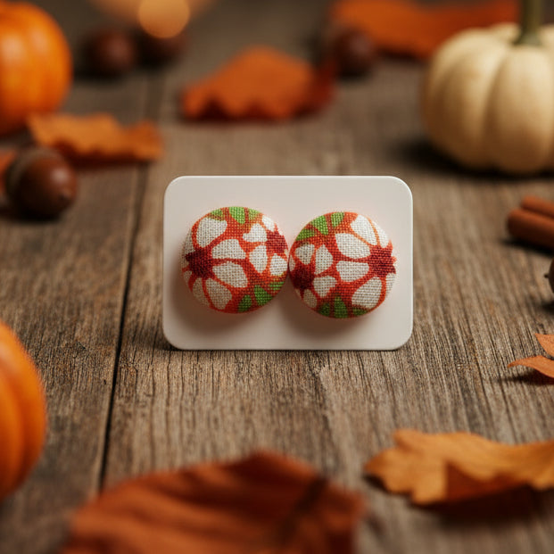 Autumn Floral Fabric Button Earrings (16mm)
