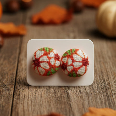 Autumn Floral Fabric Button Earrings (16mm)