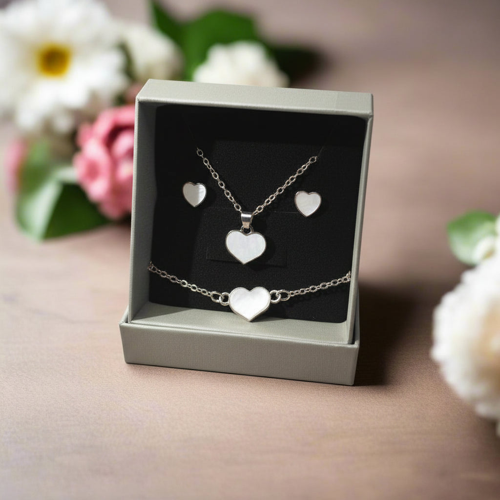 White Heart Necklace, Bracelet & Earring Set