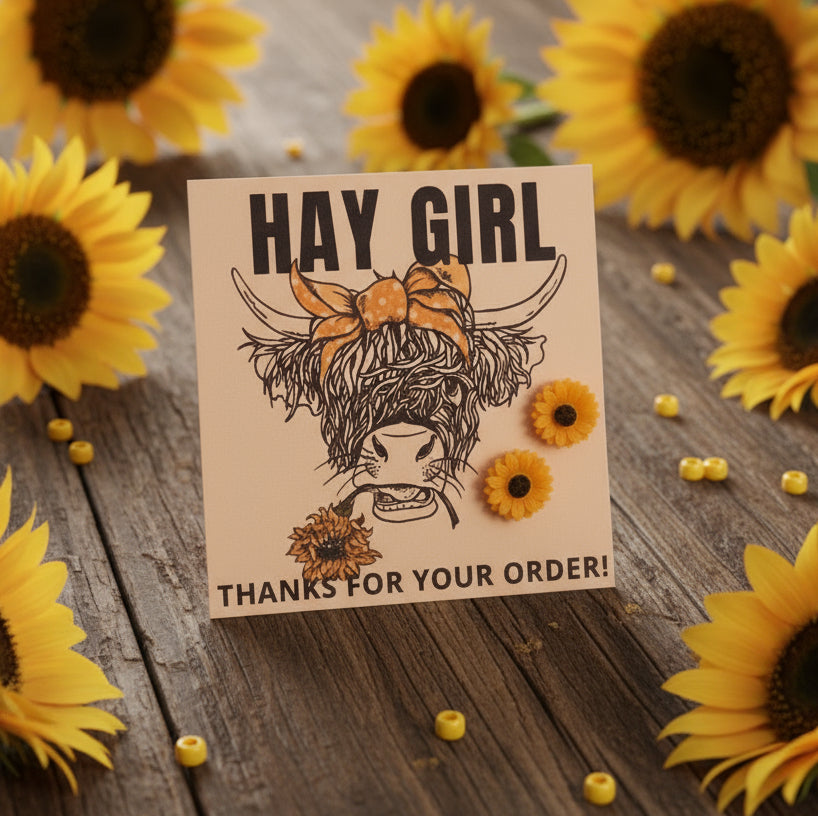 Hay Girl - Thanks for Your Order Card with 8mm Sunflower Earrings