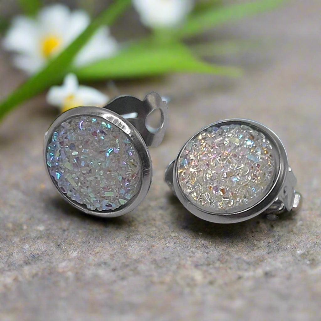 White Imitation Druzy CLIP-ON Earrings (14mm)