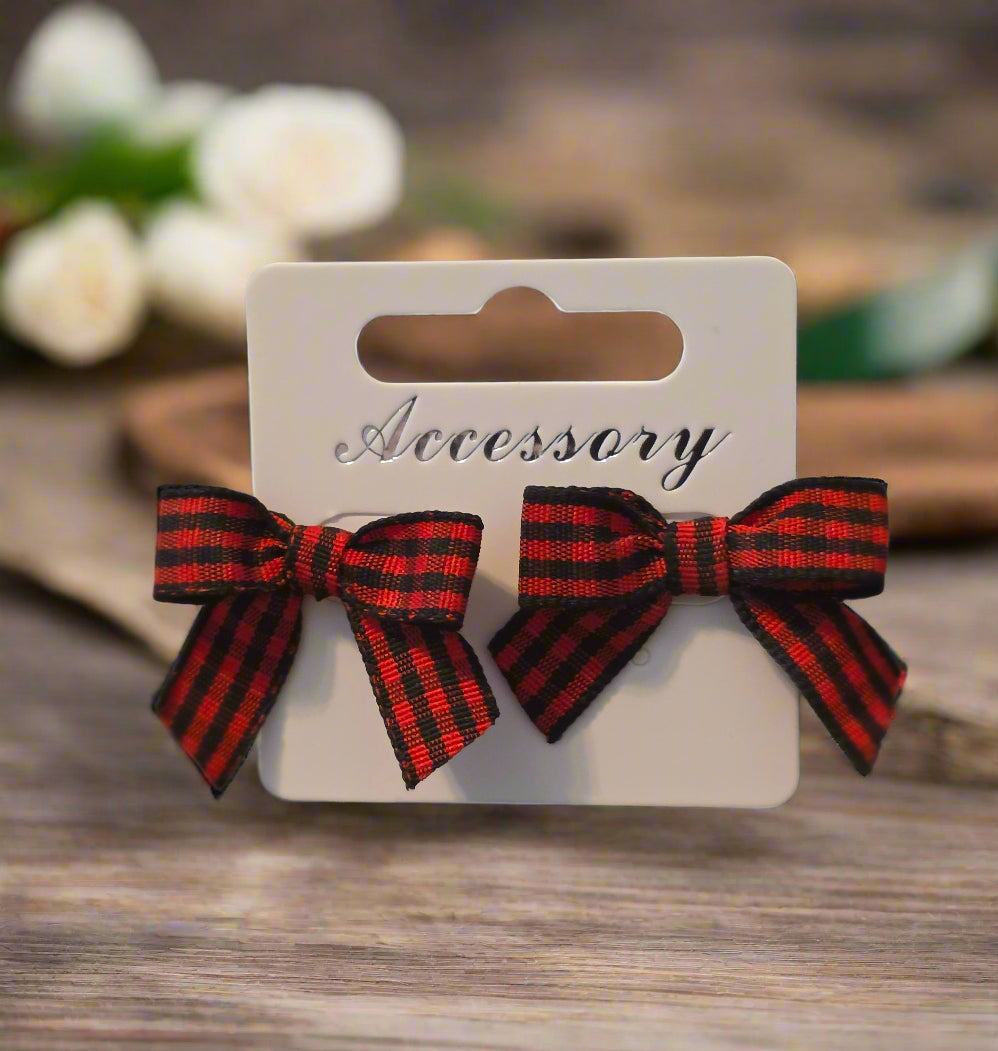 Red & Black Plaid Ribbon Bow Earrings