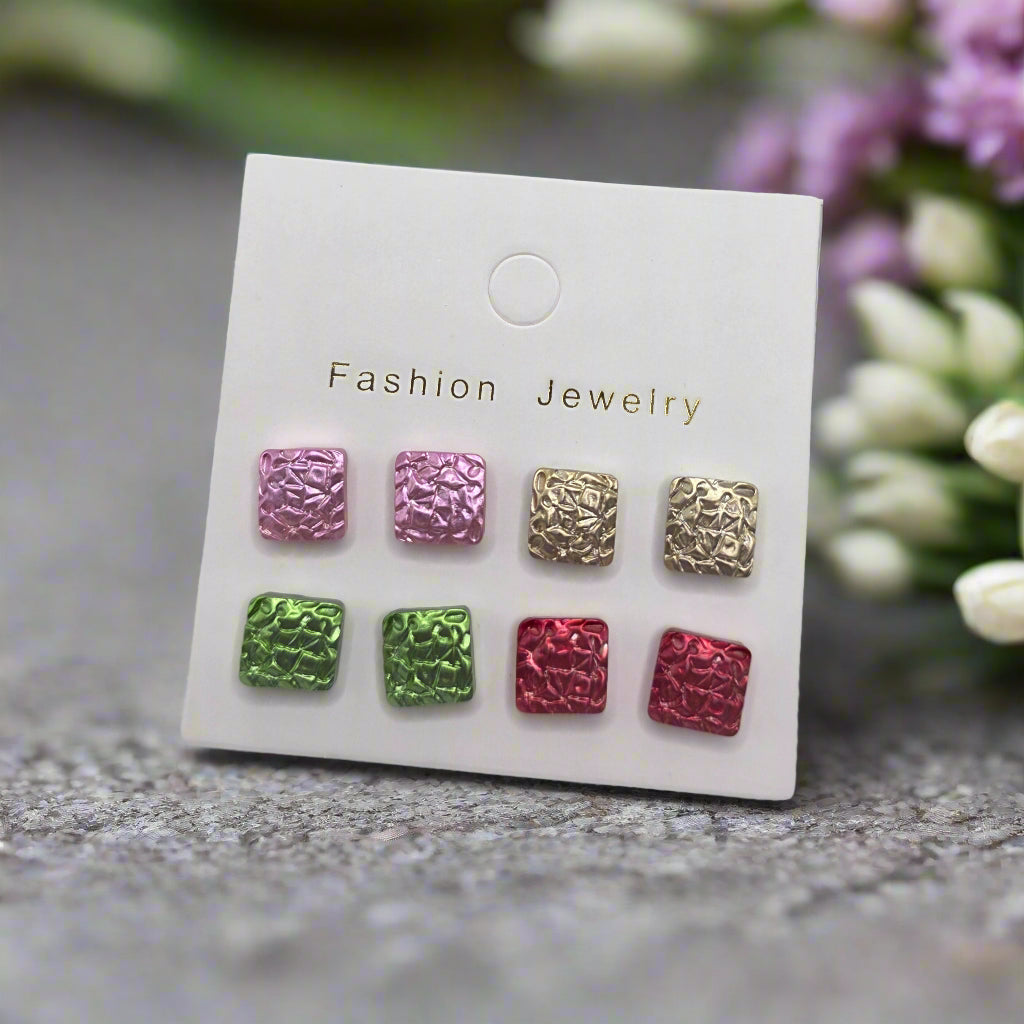Pearlescent Textured Square 4 pair Earring Set (12mm)