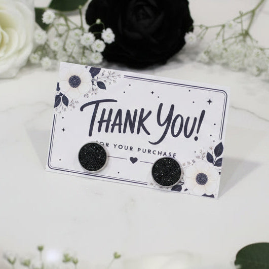 Black & White Floral Thank You for Your Purchase Card with 14mm Black Imitation Druzy Earrings