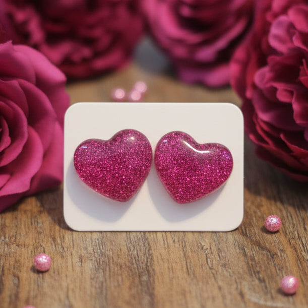 Dark Pink Glitter Heart Earrings (16mm)