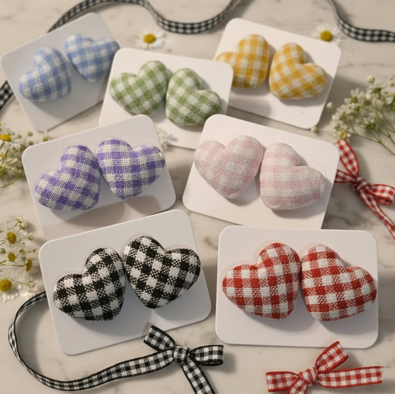 Gingham Fabric Heart Earrings (17mm)