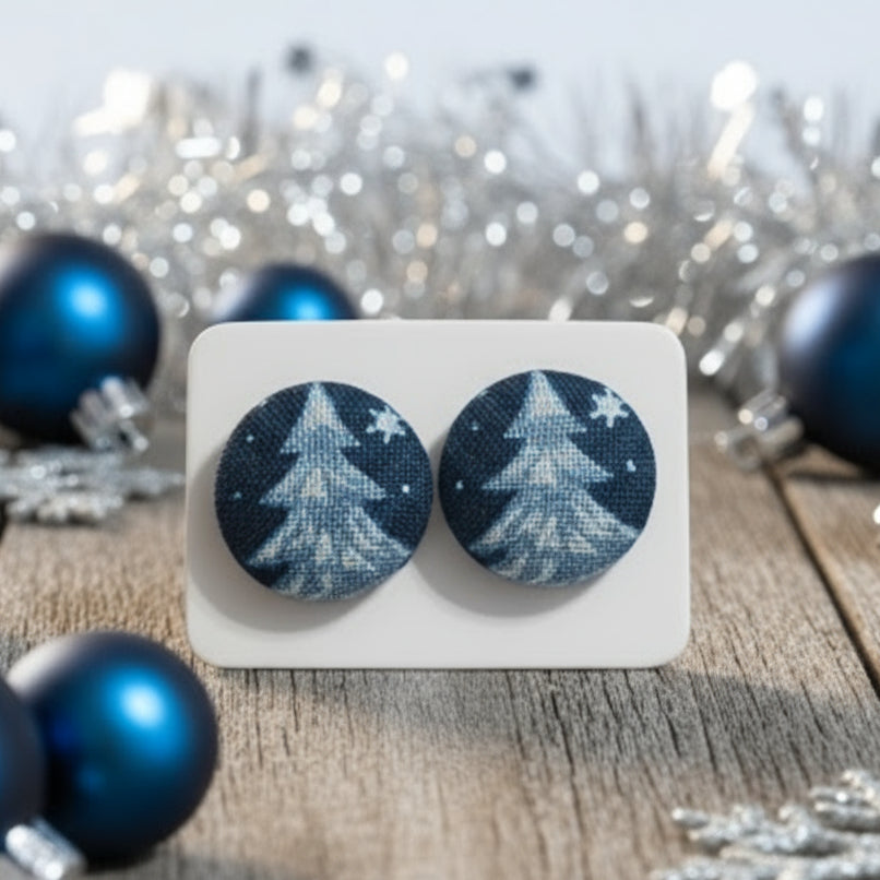 Winter Magic - Trees Fabric Button Earrings (16mm)