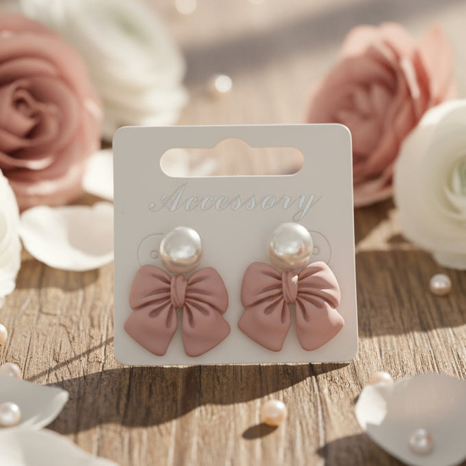 Dusty Rose Bows & Pearls Earrings