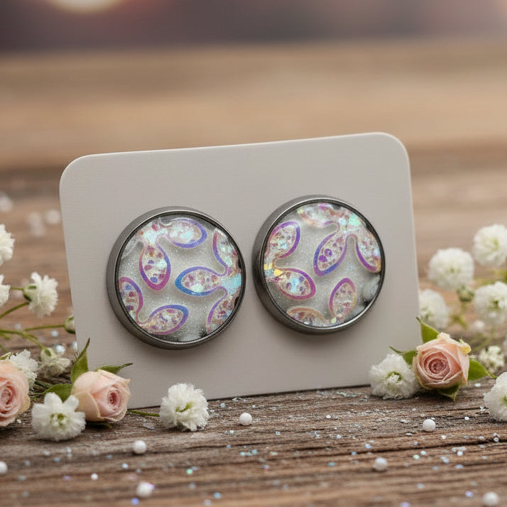White Sparkle Floral Pattern Imitation Druzy Earrings (14mm)