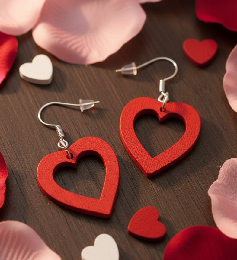 Red Wood Heart Dangle Earrings