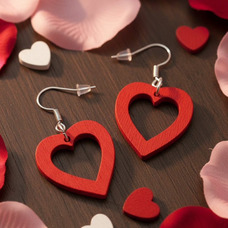 Red Wood Heart Dangle Earrings