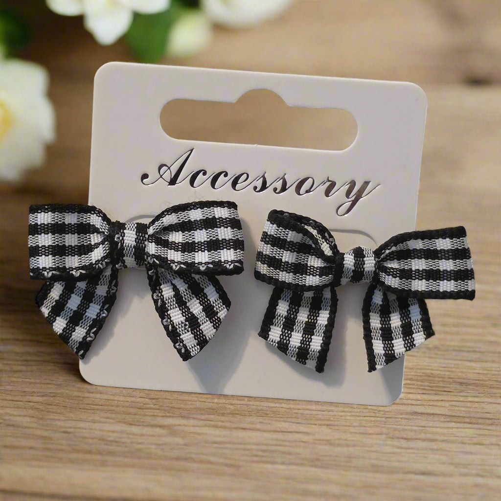 Black & White Plaid Ribbon Bow Earrings